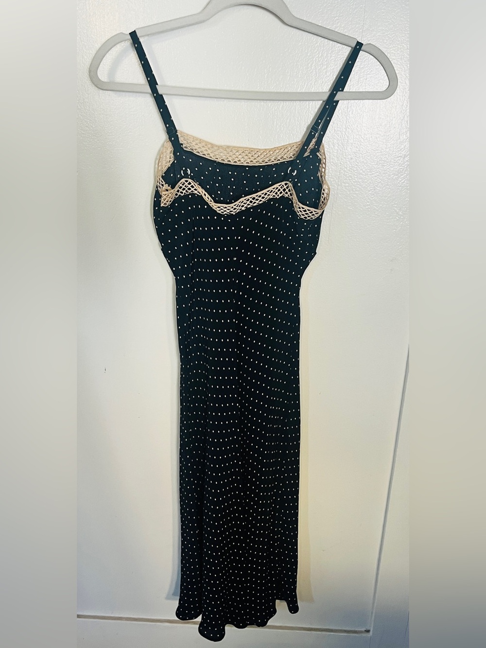 Betsey Johnson Black Polka Dot Slip Dress with Beige Lace Trim Petite - Picture 3 of 6